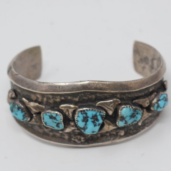 Vintage 1940s Navajo Old Pawn Cuff Bracelet Hand Stamp Ingot w/Kingman Turquoise - Picture 1 of 8